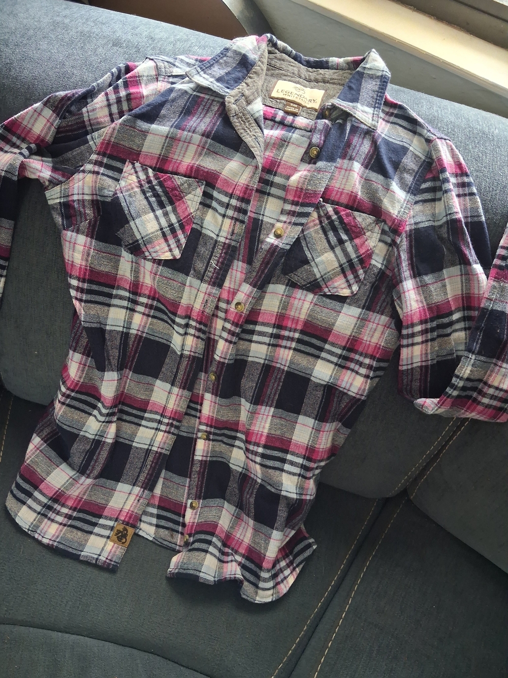 Legendary Whitetails Women's Navy, Pink & White Plaid Button-Down Shirt